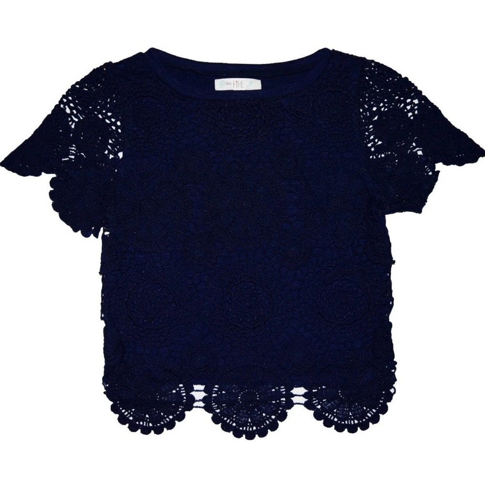EUC Love Fire Girls Size Small Short Sleeve Blue Floral Eyelet Shirt Top Blouse